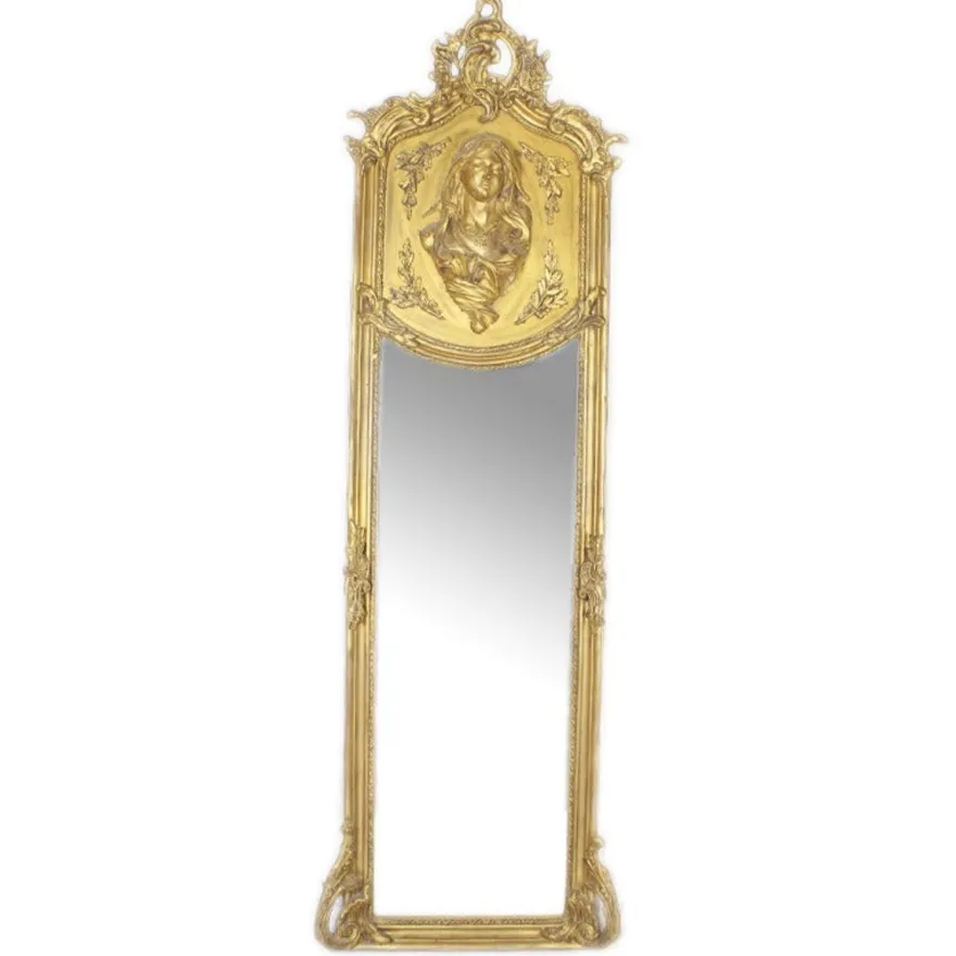 Casa Padrino Barock Standspiegel Gold 50 x H. 170 cm - mit Damen Relief - Handgefertigter Antik Stil Ganzkörperspiegel - Garderoben Spiegel - Schlafzimmer Spiegel - Barock Möbel