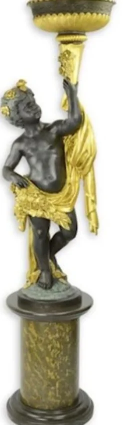 Casa Padrino Barock Statue mit Blumentopf linke Hand und Sockel Bronzefarben / Grau / Gold H. 201 cm - Prunkvolle Bronze Skulptur - Dekofigur im Barockstil - Barock Deko Accessoires