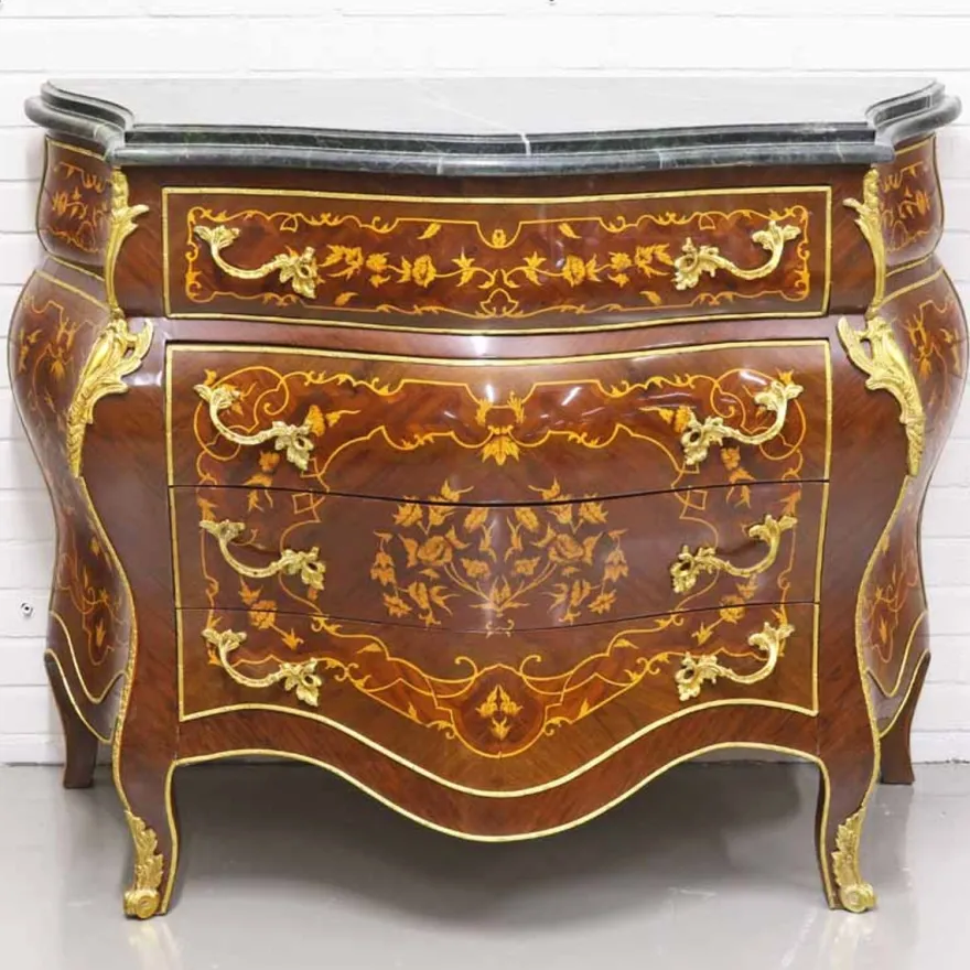 Casa Padrino Barockstil Kommode mit 4 Schubladen und Marmorplatte in braun, gold und schwarz, 110 x 50 x H. 90 cm