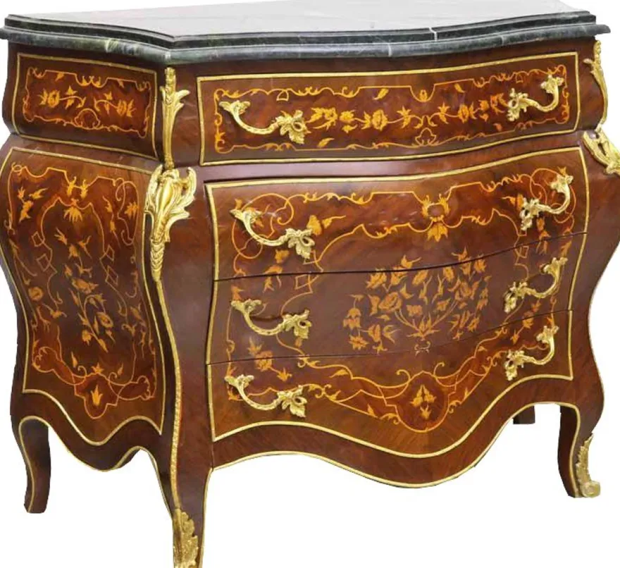 Casa Padrino Barockstil Kommode mit 4 Schubladen und Marmorplatte in braun, gold und schwarz, 110 x 50 x H. 90 cm