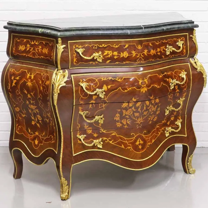 Casa Padrino Barockstil Kommode mit 4 Schubladen und Marmorplatte in braun, gold und schwarz, 110 x 50 x H. 90 cm
