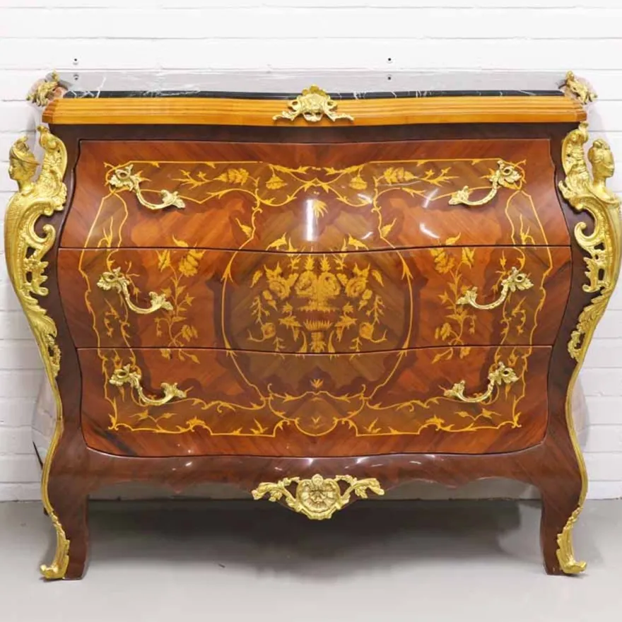 Casa Padrino Barockstil Kommode mit 3 Schubladen und Marmorplatte in braun, gold und schwarz, 120 x 50 x H. 95 cm