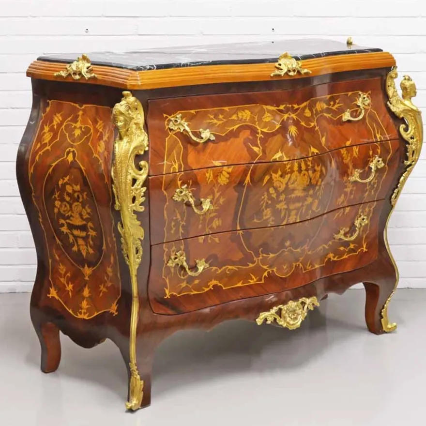 Casa Padrino Barockstil Kommode mit 3 Schubladen und Marmorplatte in braun, gold und schwarz, 120 x 50 x H. 95 cm