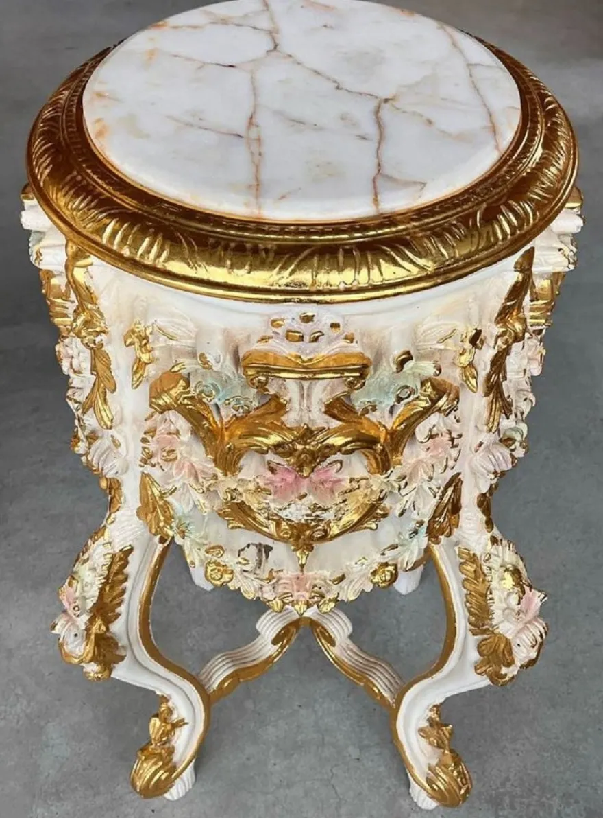 Casa Padrino Barock Säule mit Marmorplatte Weiß / Rosa / Gold - Prunkvoller Antik Stil Massivholz Blumentisch - Wohnzimmer Möbel im Barockstil - Antik Stil Möbel - Barock Möbel
