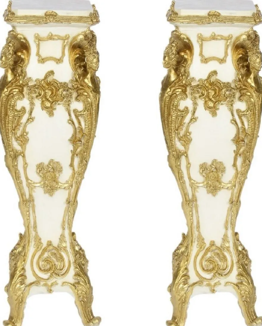 Casa Padrino Barock Säulen Set Creme / Gold 25 x 25 x H. 70 - Antik Stil Säulen - Prunkvolle Barock Möbel