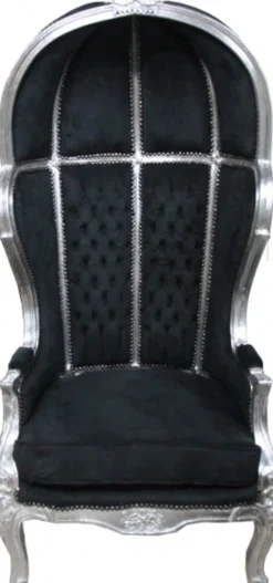 Casa Padrino Barock Thron Sessel Victory Schwarz / Silber - Massivholz Samt - 177 x 83 x 66 cm