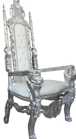 Casa Padrino Barock Thron Sessel Silber / Weiß in Lederoptik mit Glitzersteinen - Königssessel 174 cm