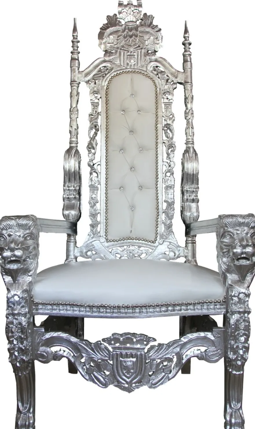 Casa Padrino Barock Thron Sessel Silber / Weiß in Lederoptik mit Glitzersteinen - Königssessel 174 cm