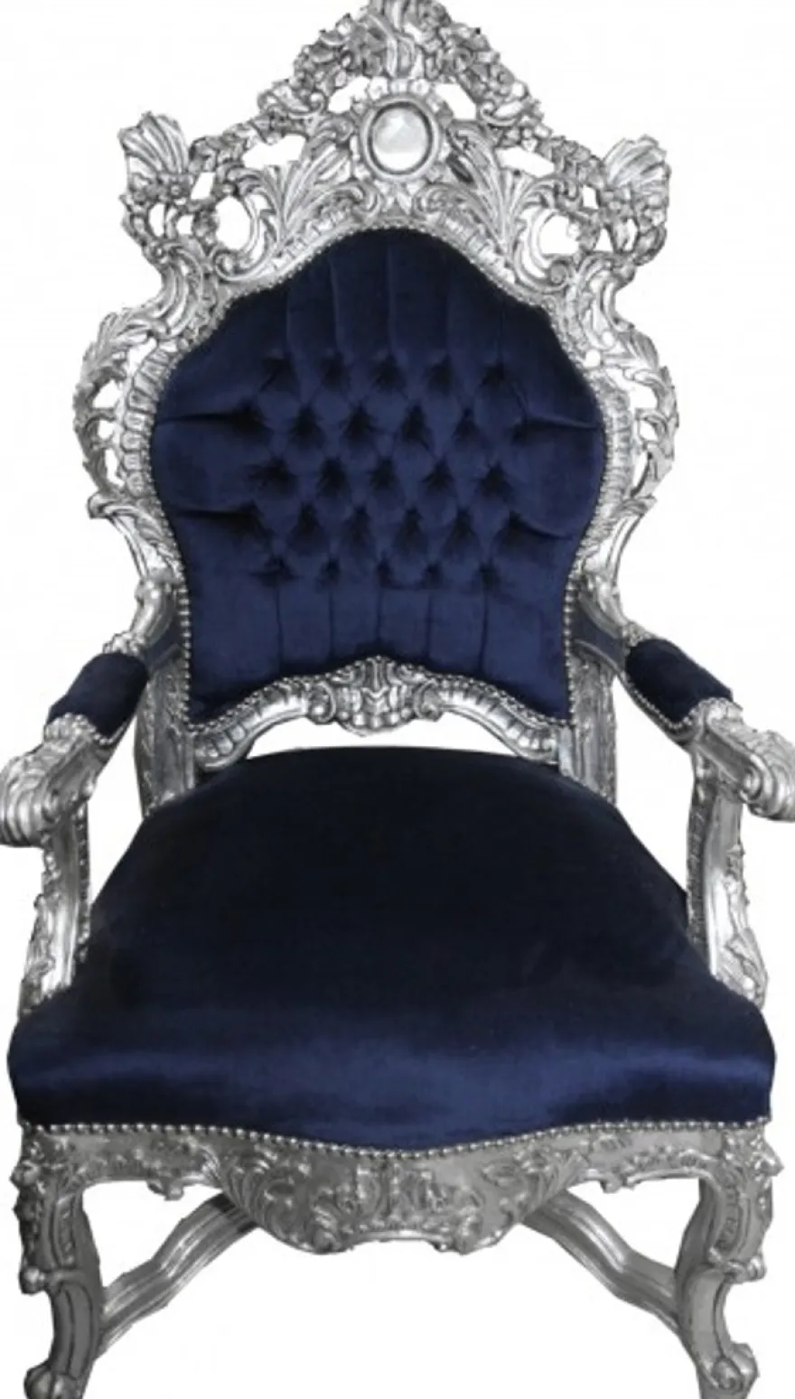 Casa Padrino Barock Thron Sessel Royalblau / Silber - Handgefertigter Königssessel aus Massivholz, 141 x 80 x 78 cm