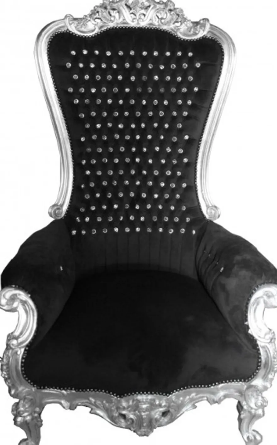 Casa Padrino Barock Thron Sessel Majestic Schwarz/Silber mit Glitzersteinen - Riesensessel - 173 x 104 x 82 cm