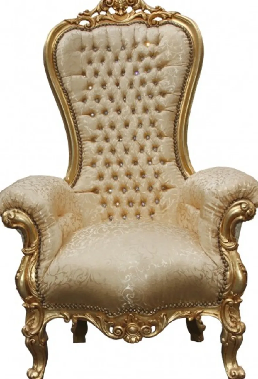 Casa Padrino Barock Thron Sessel Majestic Medium Gold Muster / Gold mit Bling Bling Glitzersteinen, 141 x 86 x 70 cm