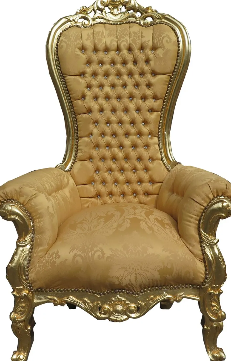 Casa Padrino Barock Thron Sessel Majestic Medium Gold Muster / Gold Mod2 mit Bling Bling Glitzersteinen - Riesensessel - Thron Stuhl Tron