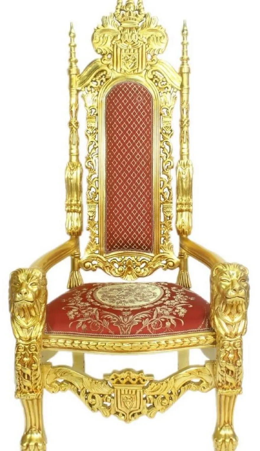 Casa Padrino Barock Thron Sessel Löwe Rot / Gold 70 x 60 x H. 180 cm - Prunkvoller Riesensessel - Königssessel - Hochzeitssessel - Barockmöbel