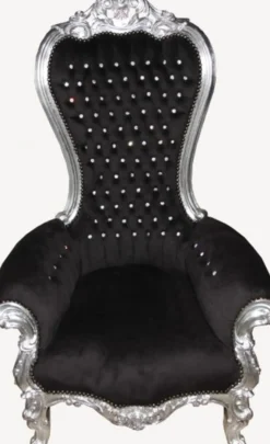 Casa Padrino Barock Thron Sessel Majestic Medium Schwarz/Silber mit Glitzersteinen - Massivholz - 141 x 85 x 70 cm