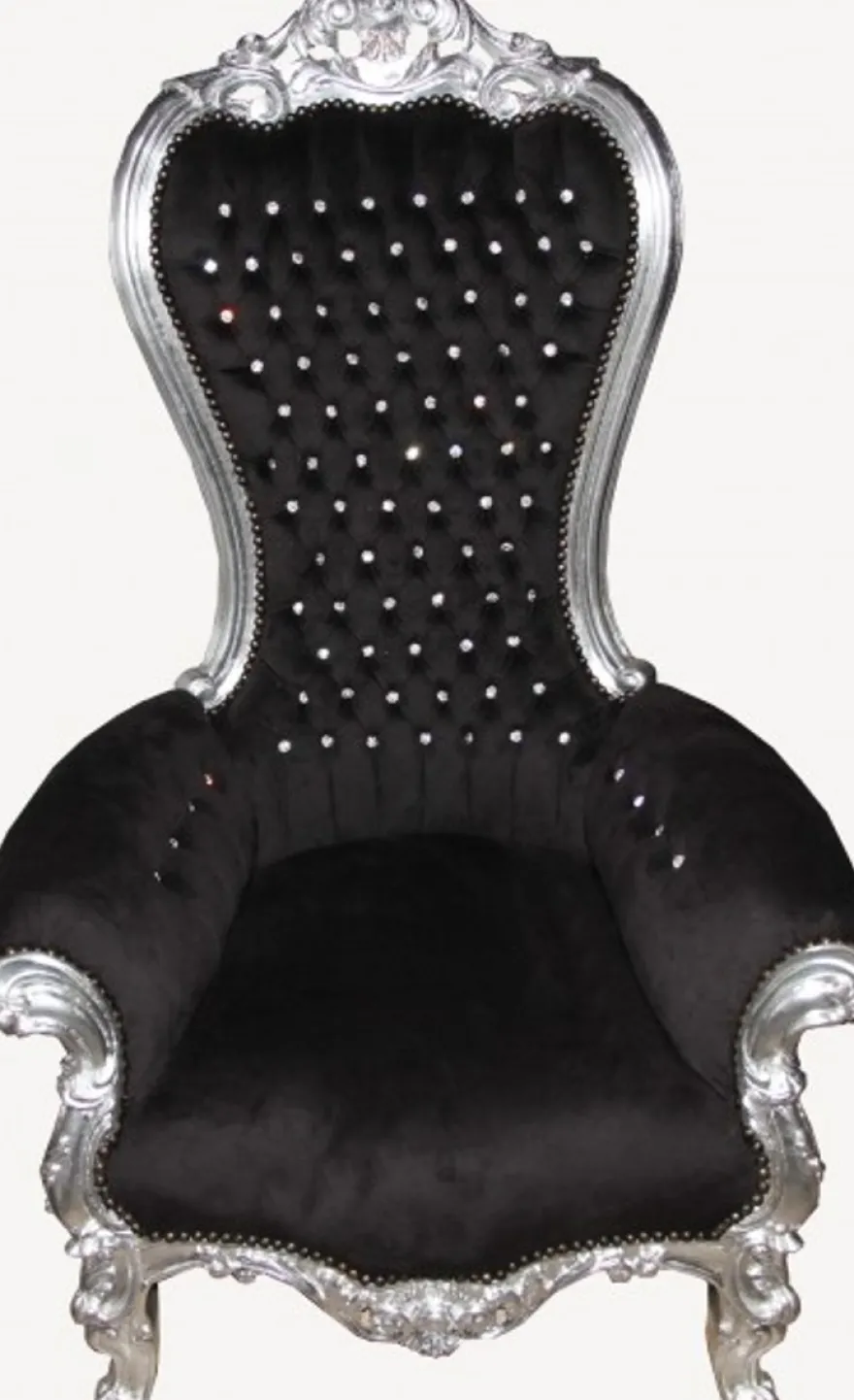 Casa Padrino Barock Thron Sessel Majestic Medium Schwarz/Silber mit Glitzersteinen - Massivholz - 141 x 85 x 70 cm