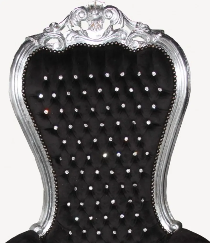Casa Padrino Barock Thron Sessel Majestic Medium Schwarz/Silber mit Glitzersteinen - Massivholz - 141 x 85 x 70 cm