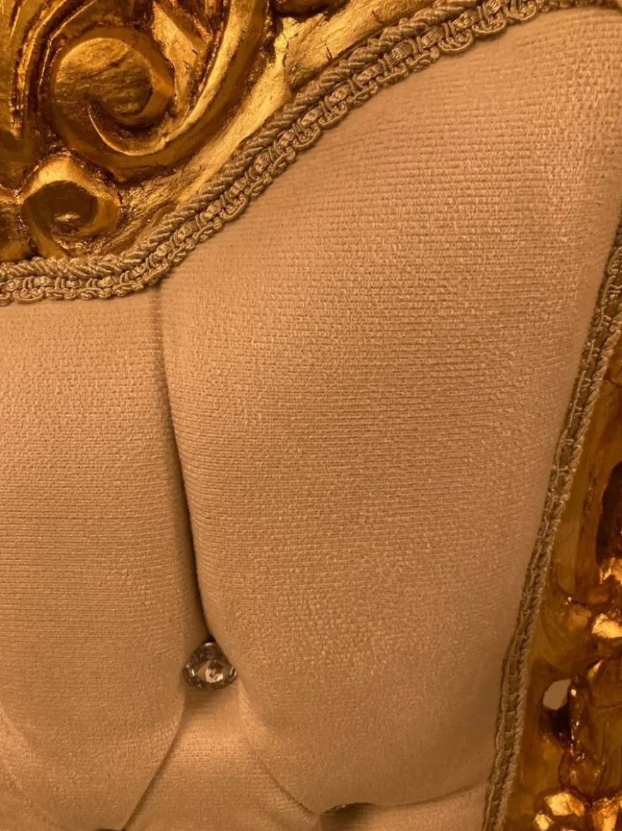 Casa Padrino Barock Thron Stuhl Creme / Gold - Handgefertigter Hochlehn Esszimmer Stuhl mit Samtstoff und Glitzersteinen - Barock Esszimmer Möbel