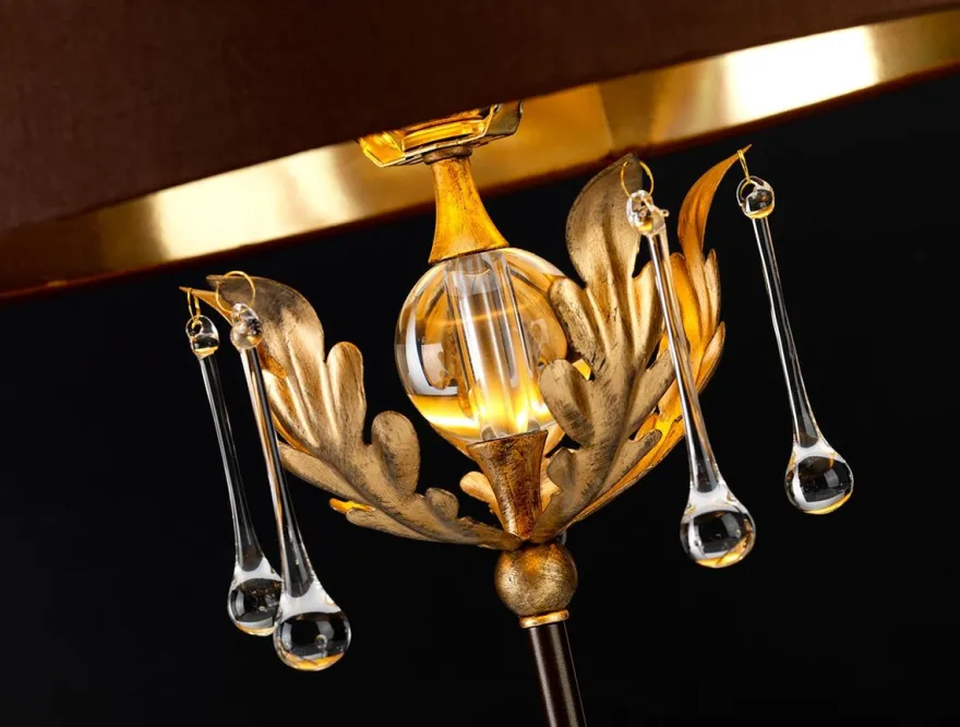 Casa Padrino Barock Tischleuchte Bronze / Antik Gold Ø 43 x H. 72 cm - Elegante Schreibtischleuchte mit handgefertigten Stahl Eichenblättern und dekorativen Glastropfen - Barock Leuchten