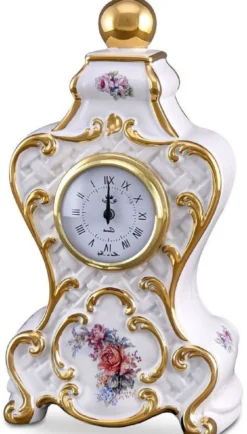 Casa Padrino Barock Tischuhr Weiß / Gold / Mehrfarbig 17 x 12 x H. 30 cm - Prunkvolle Barock Keramik Uhr mit Blumen Design