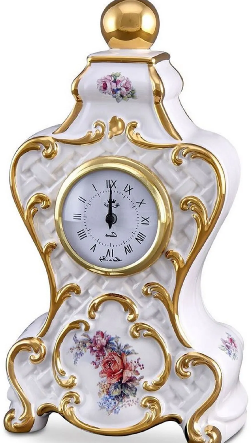 Casa Padrino Barock Tischuhr Weiß / Gold / Mehrfarbig 17 x 12 x H. 30 cm - Prunkvolle Barock Keramik Uhr mit Blumen Design