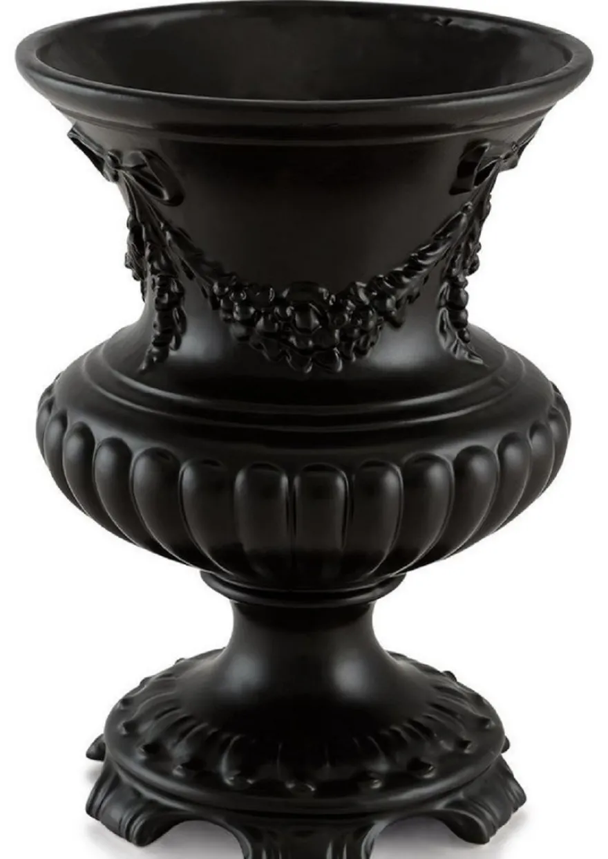 Casa Padrino Barock Vase Mattschwarz Ø 21 x H. 29 cm - Runde Barock Keramik Blumenvase - Deko im Barocktil