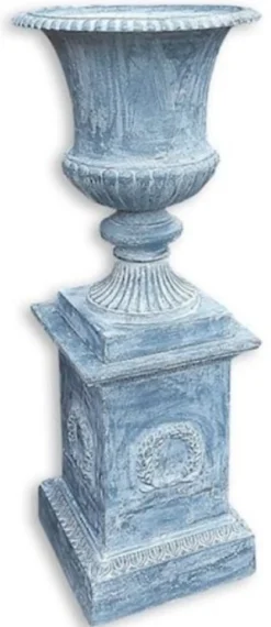 Casa Padrino Barock Vase mit Säule Blau H. 138 cm - Prunkvolle Gusseisen Blumenvase mit Sockel - Barock Garten Deko - Barock Terrassen Deko - Barock Deko Accessoires