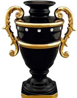 Casa Padrino Barock Vase Schwarz / Gold 26 x 18 x H. 36 cm - Prunkvolle Keramik Blumenvase mit Swarovski Kristallglas