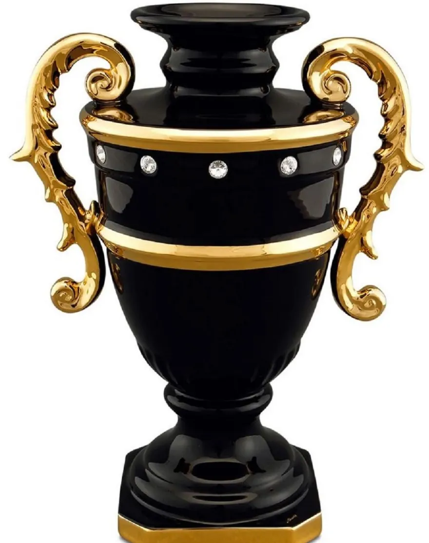 Casa Padrino Barock Vase Schwarz / Gold 26 x 18 x H. 36 cm - Prunkvolle Keramik Blumenvase mit Swarovski Kristallglas
