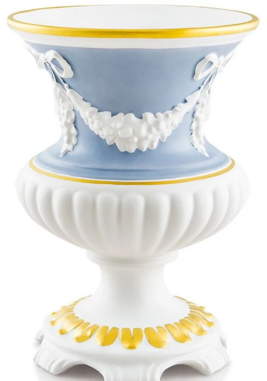 Casa Padrino Barock Vase Weiß / Hellblau / Gold Ø 21 x H. 29 cm - Runde Barock Keramik Blumenvase - Deko im Barocktil