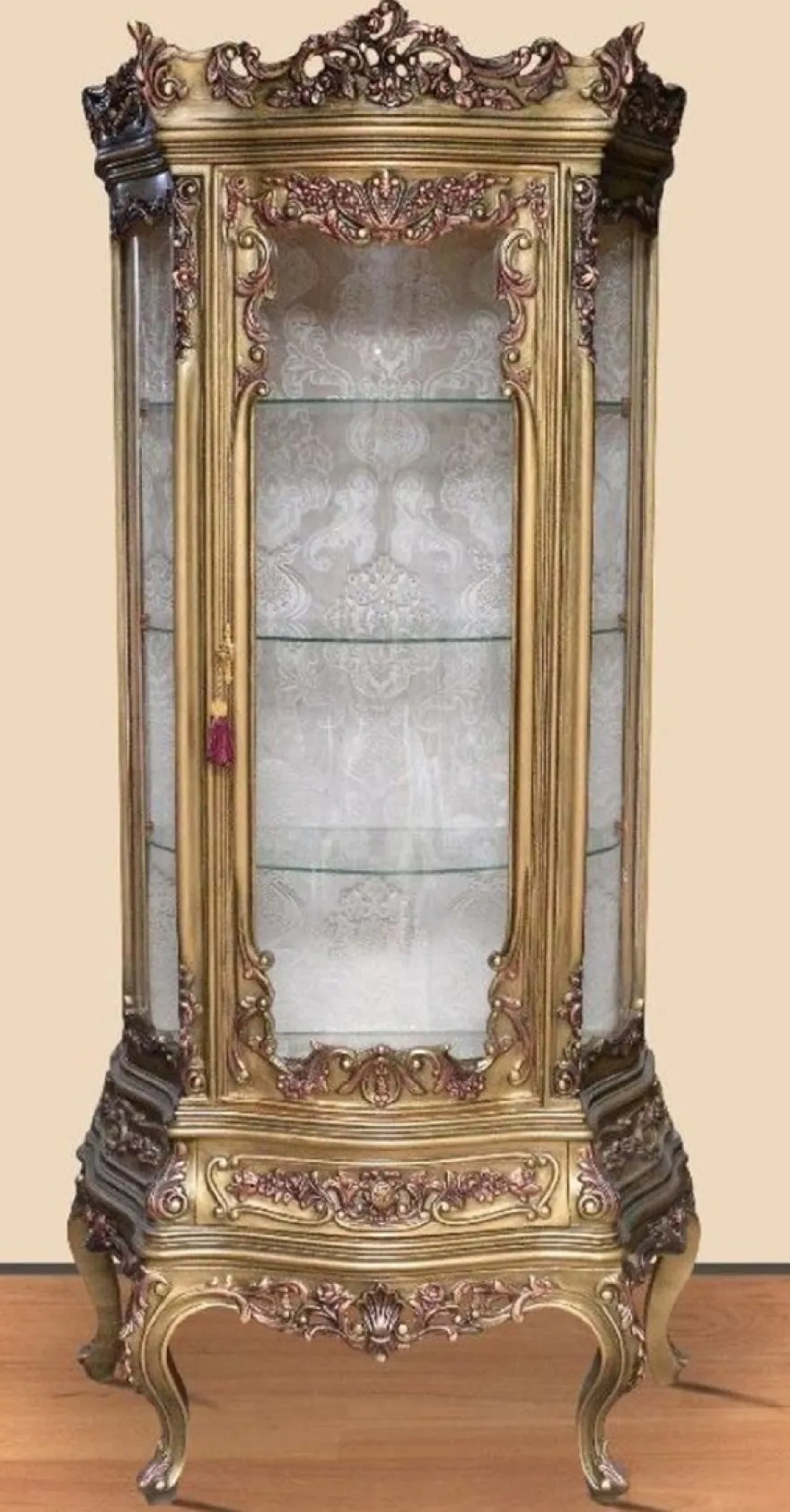Casa Padrino Barock Vitrine Antik Gold - Prunkvoller Barock Vitrinenschrank mit Glastür und Schublade - Handgefertigte Barock Wohnzimmer Möbel