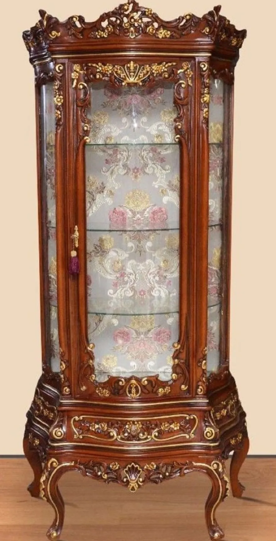 Casa Padrino Barock Vitrine Braun / Gold - Prunkvoller Barock Vitrinenschrank mit Glastür und Schublade - Handgefertigte Barock Wohnzimmer Möbel