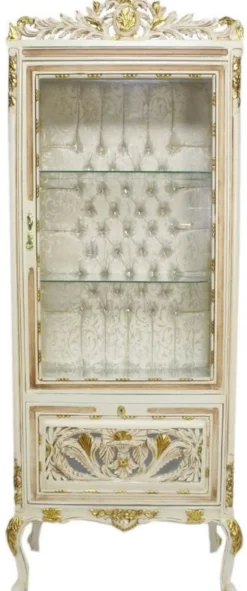 Casa Padrino Barock Vitrine Cremefarben / Beige / Gold 70 x 40 x H. 170 cm - Prunkvoller Barock Vitrinenschrank mit Glastür und Glitzersteinen - Barock Möbel