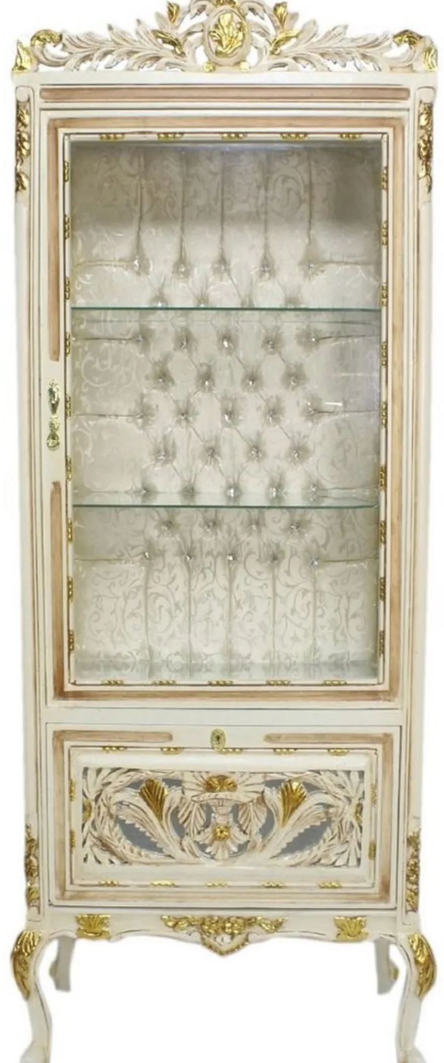 Casa Padrino Barock Vitrine Cremefarben / Beige / Gold 70 x 40 x H. 170 cm - Prunkvoller Barock Vitrinenschrank mit Glastür und Glitzersteinen - Barock Möbel