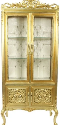 Casa Padrino Barock Vitrine Gold / Cremefarben 100 x 40 x H. 170 cm - Prunkvoller Barock Vitrinenschrank mit 2 Glastüren wunderschönen Verzierungen und Glitzersteinen