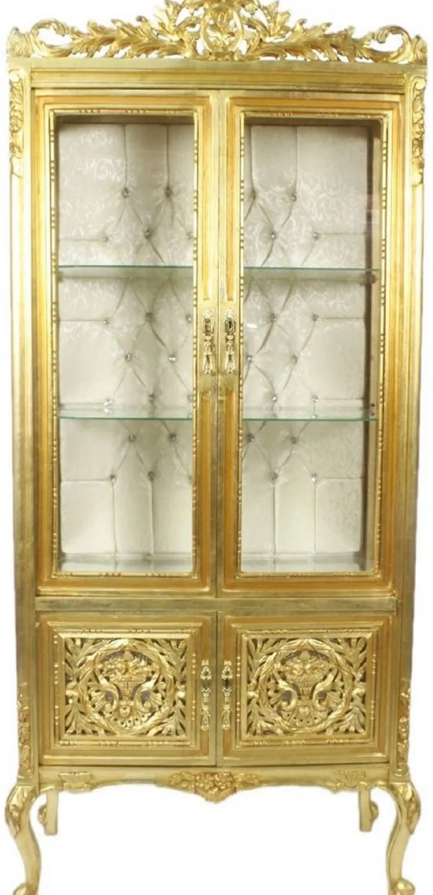 Casa Padrino Barock Vitrine Gold / Cremefarben 100 x 40 x H. 170 cm - Prunkvoller Barock Vitrinenschrank mit 2 Glastüren wunderschönen Verzierungen und Glitzersteinen