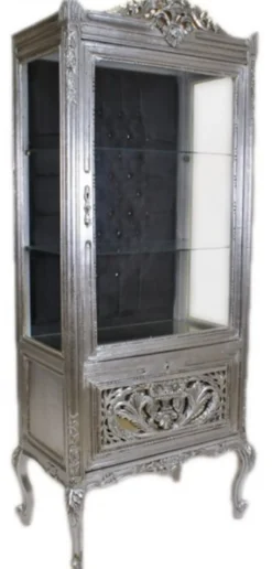 Casa Padrino Barock Vitrine im Antik Stil - Silber / Schwarz - 70 x 40 x 170 cm