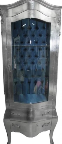 Casa Padrino Barock Vitrine im Antik Stil in Silber mit azurblauem Innenstoff, 185 x 85 x 50 cm
