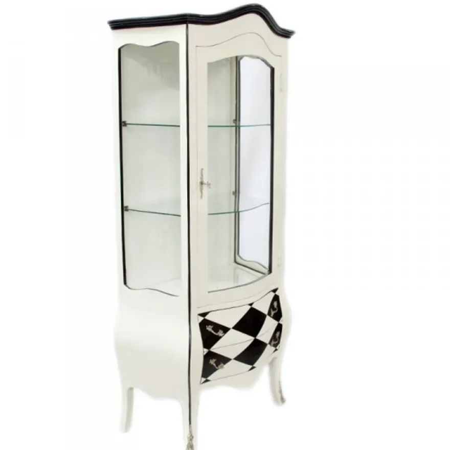 Casa Padrino Barock Vitrine im Antik Stil - Weiß / Karo Schwarz-Weiß - 185 x 85 x 50 cm
