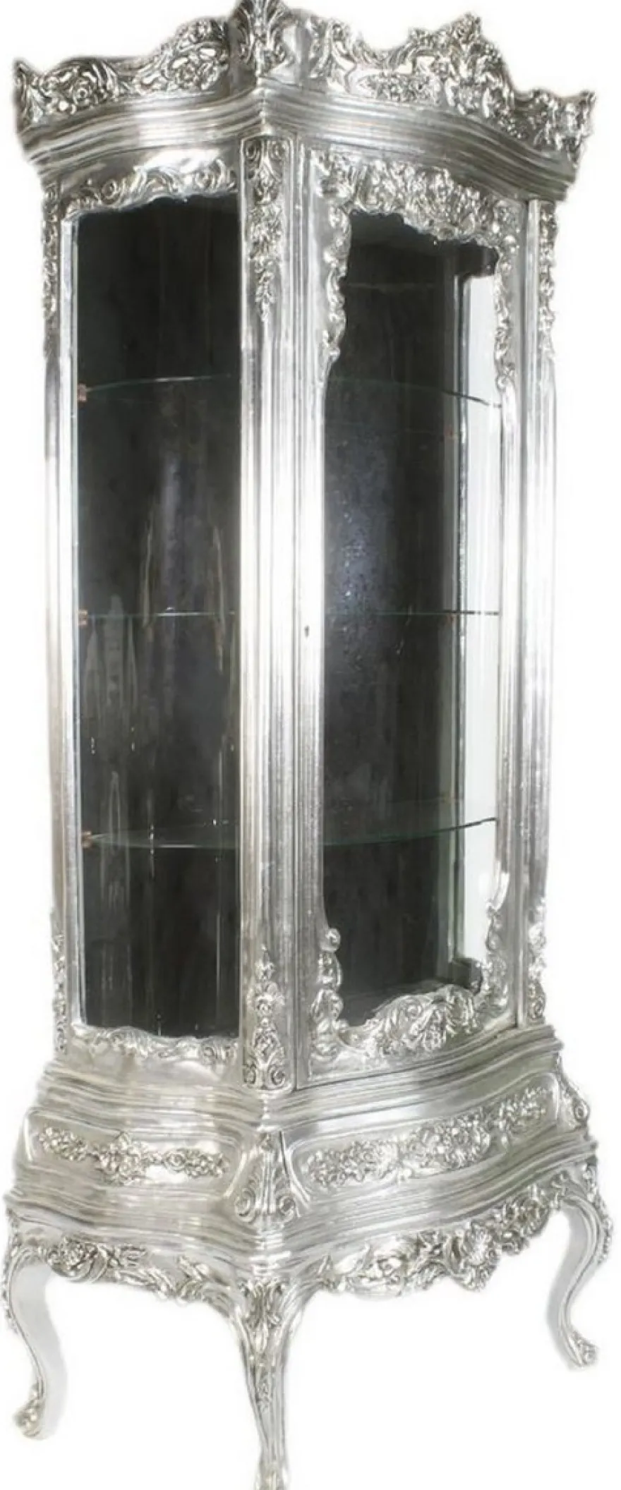 Casa Padrino Barock Vitrine Silber / Schwarz 80 x 40 x H. 200 cm - Prunkvoller Barock Vitrinenschrank mit Glastür und wunderschönen Verzierungen - Barock Möbel