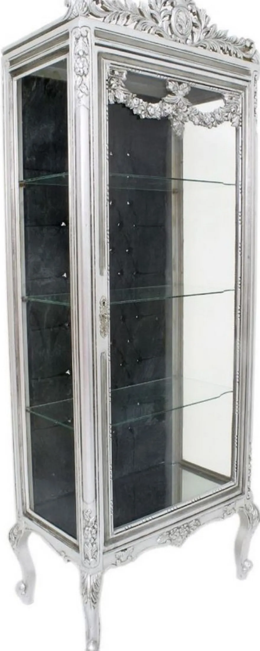 Casa Padrino Barock Vitrine Silber / Schwarz 70 x 40 x H. 180 cm - Prunkvoller Barock Vitrinenschrank mit Glastür und Glitzersteinen - Barock Möbel