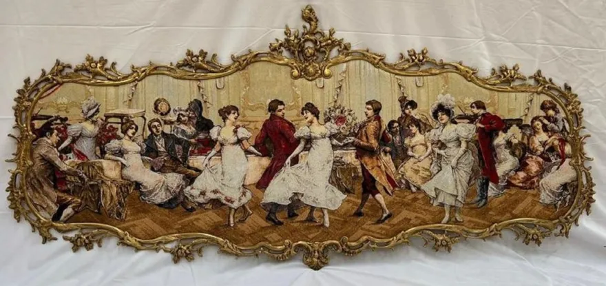 Casa Padrino Barock Wandbild Mehrfarbig / Messing 194 x H. 88 cm - Prunkvolles Barockstil Wanddeko Bild mit Messing Rahmen - Barock Wand Dekoration - Edel & Prunkvoll