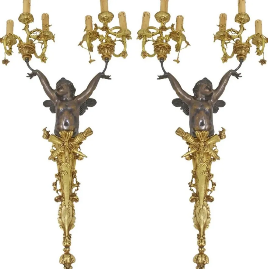 Casa Padrino Barock Wandleuchten Set Engel Bronze / Gold - Prunkvolle Barock Hotel & Restaurant Wandlampen - Barock Leuchten - Edel & Prunkvoll