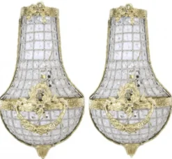 Casa Padrino Barock Wandleuchten Set im prunkvollen Gold Design mit Kristall Behang - 20 x 10 x 45 cm