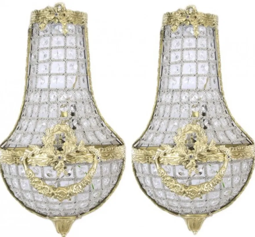 Casa Padrino Barock Wandleuchten Set im prunkvollen Gold Design mit Kristall Behang - 20 x 10 x 45 cm