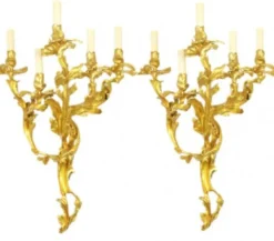 Casa Padrino Barock Wandleuchten Set Roccoco Gold aus Bronze - 55 x 35 x 80 cm - Wandlampe