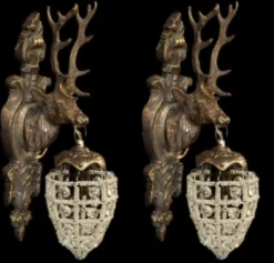 Casa Padrino Barock Wandleuchten Set Hirsch 1-Flammig Altgold Antik Stil, 2 Stück - Wandlampe Holz Metall Glas