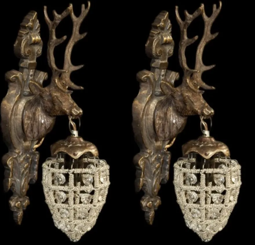 Casa Padrino Barock Wandleuchten Set Hirsch 1-Flammig Altgold Antik Stil, 2 Stück - Wandlampe Holz Metall Glas
