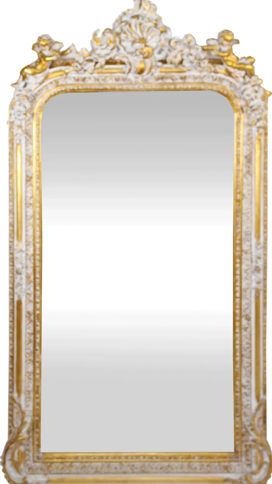 Casa Padrino Barock Wandspiegel Antik Weiß / Gold 85 x H. 160 cm - Prunkvoller Barock Spiegel mit wunderschönen Verzierungen und dekorativen Engelsfiguren