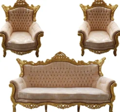 Casa Padrino Barock Wohnzimmer Set Master Creme Muster und Gold mit Glitzersteinen, 3er Sofa und 2 Sessel