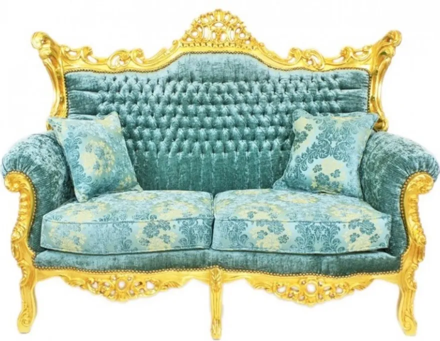 Casa Padrino Barock Wohnzimmer Set Master Türkis-Blau Muster Samtstoff / Gold - 2er Sofa + 2 Sessel